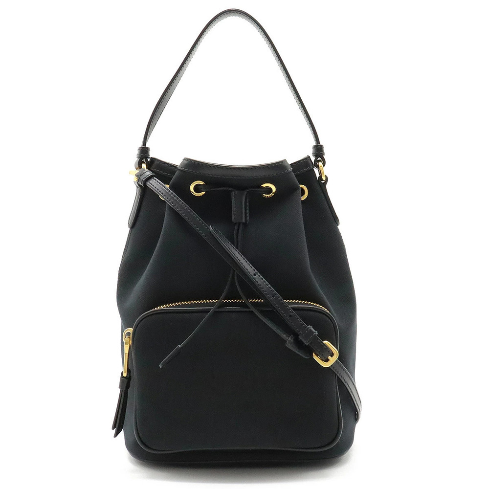 Prada Jacquard Handbag Bucket Bag Drawstring Shoulder Canvas NERO Black